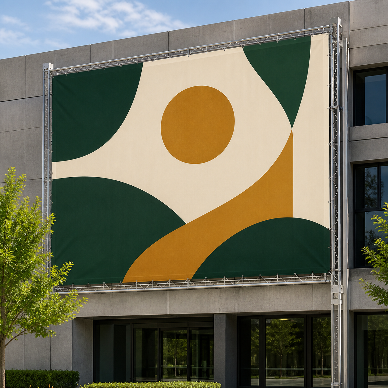 Generic outdoor banner installation with a tasteful printed design